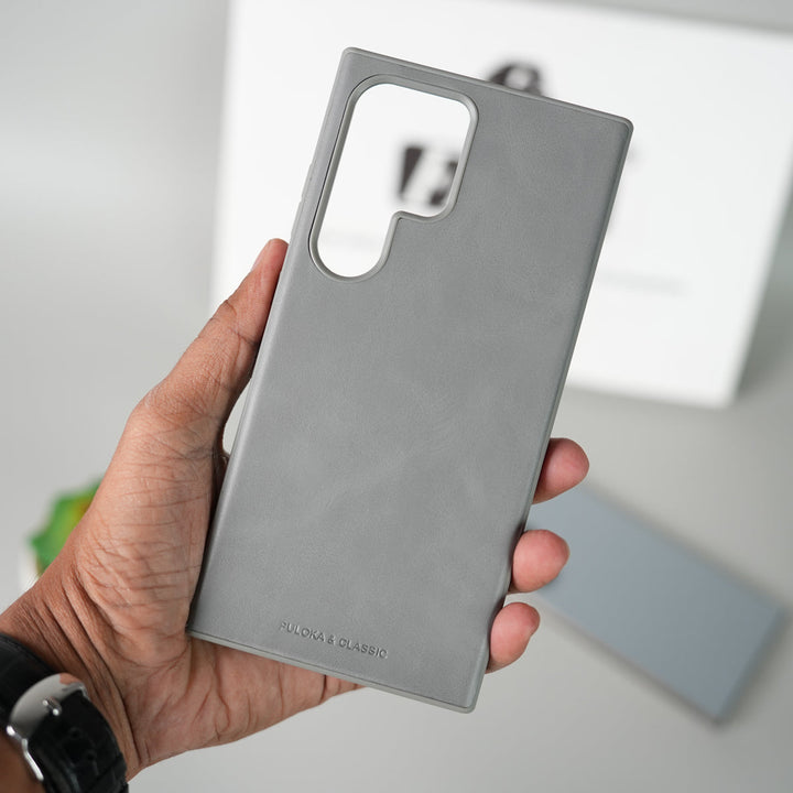 Samsung Galaxy S24 Ultra Frameless PU Leather Case | Slim Classic Gray Back Cover