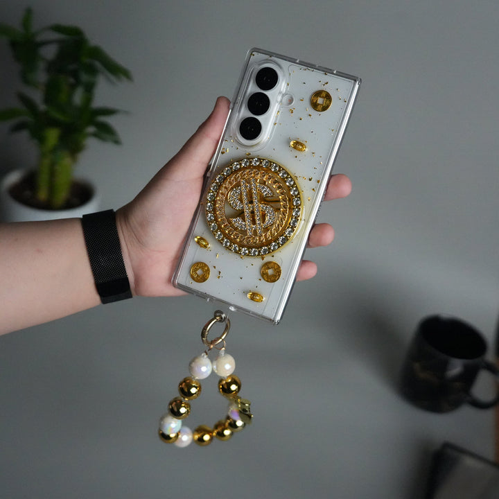 Galaxy Z Fold 7 Luxury Spinning Dollar Bling Case | Crystal Clear Cover with Pearl Strap