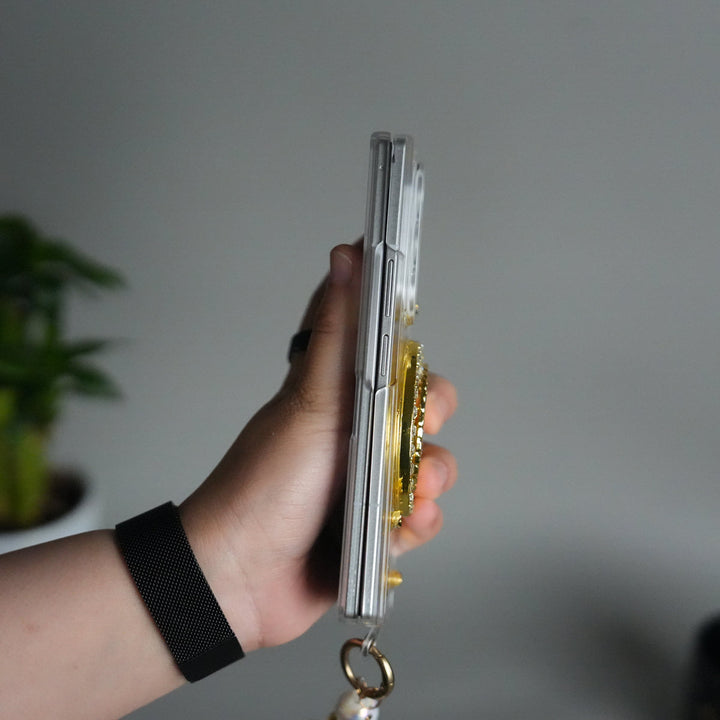 Galaxy Z Fold 7 Luxury Spinning Dollar Bling Case | Crystal Clear Cover with Pearl Strap