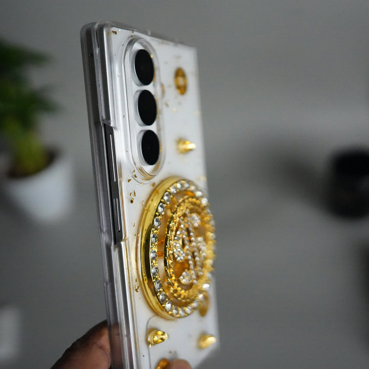 Galaxy Z Fold 7 Luxury Spinning Dollar Bling Case | Crystal Clear Cover with Pearl Strap