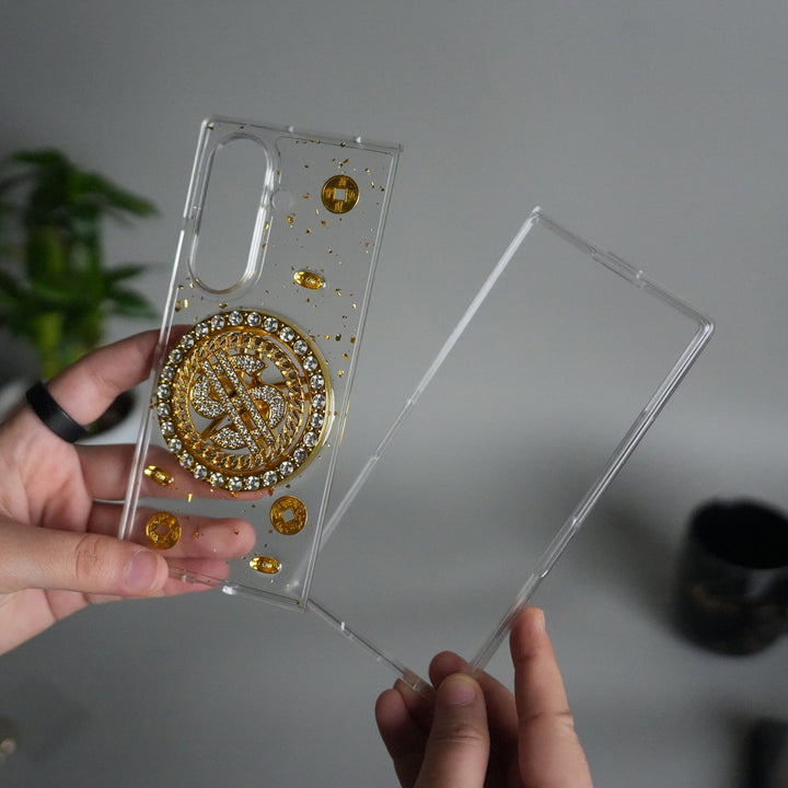 Galaxy Z Fold 7 Luxury Spinning Dollar Bling Case | Crystal Clear Cover with Pearl Strap