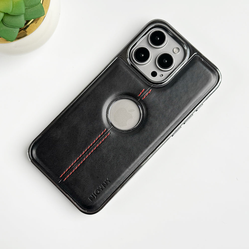 iPhone 16 Series Middle Stitch PU Leather Side Chrome Case Cover