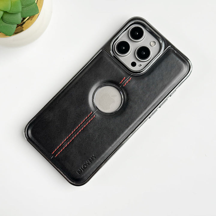 iPhone 16 Series Middle Stitch PU Leather Side Chrome Case Cover
