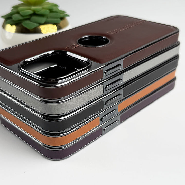 iPhone 16 Series Middle Stitch PU Leather Side Chrome Case Cover