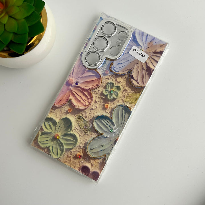 Samsung Galaxy S24 Ultra Luxury 3D Oil Painting Floral Design With Glitter Lens Protection Case Cover