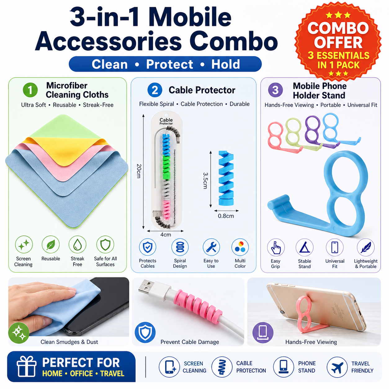 Combo 3-in-1 Desk & Mobile Accessories Combo | Microfiber Cleaning Cloth + Cable Protector + Mobile Phone Holder Stand | Travel Friendly Tech Essentials Kit for Home Office & Daily Use
