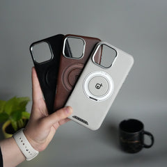 iPhone 15 Series Luxury Leather Magnetic Ring Case | Metal Camera Frame and Kickstand Cover