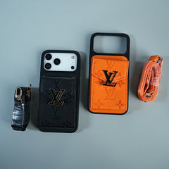 iPhone 17 Series Luxury Monogram Expandable Card Pocket Case with Detachable Strap