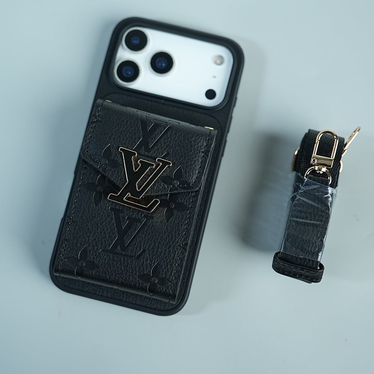 iPhone 17 Series Luxury Monogram Expandable Card Pocket Case with Detachable Strap