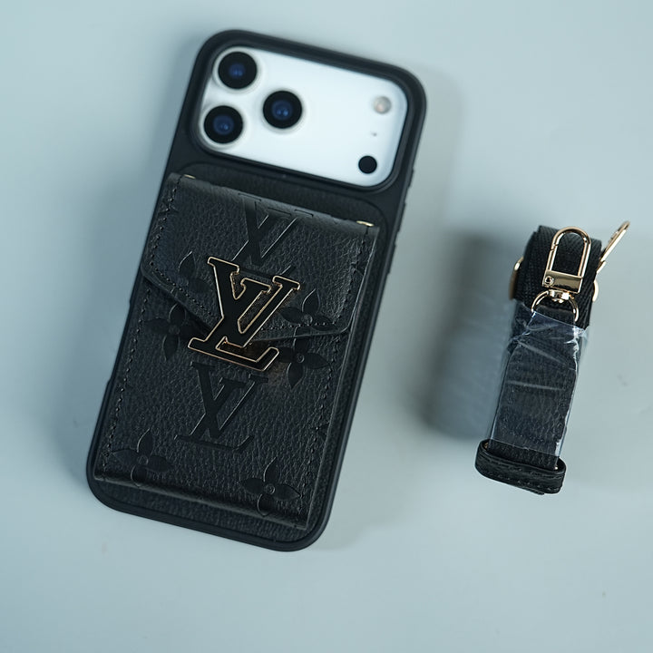 iPhone 17 Series Luxury Monogram Expandable Card Pocket Case with Detachable Strap