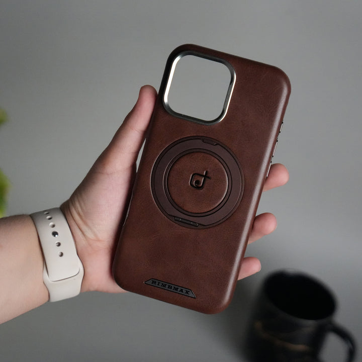 iPhone 16 Series Luxury Leather Magnetic Ring Case | Metal Camera Frame and Kickstand Cover