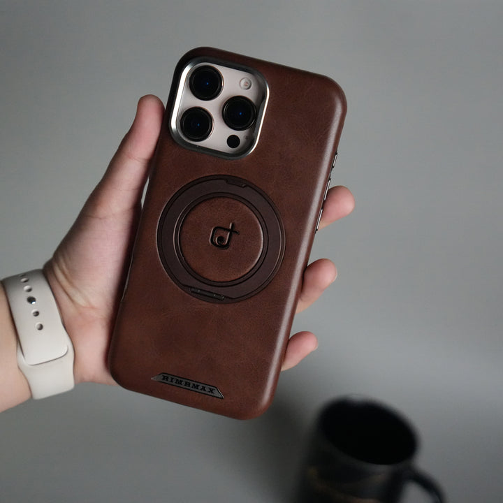 iPhone 16 Series Luxury Leather Magnetic Ring Case | Metal Camera Frame and Kickstand Cover