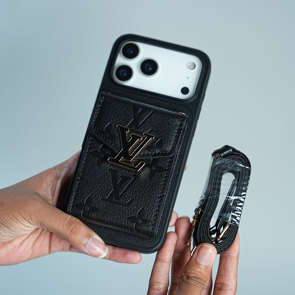 iPhone 17 Series Luxury Monogram Expandable Card Pocket Case with Detachable Strap