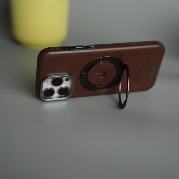 iPhone 16 Series Luxury Leather Magnetic Ring Case | Metal Camera Frame and Kickstand Cover