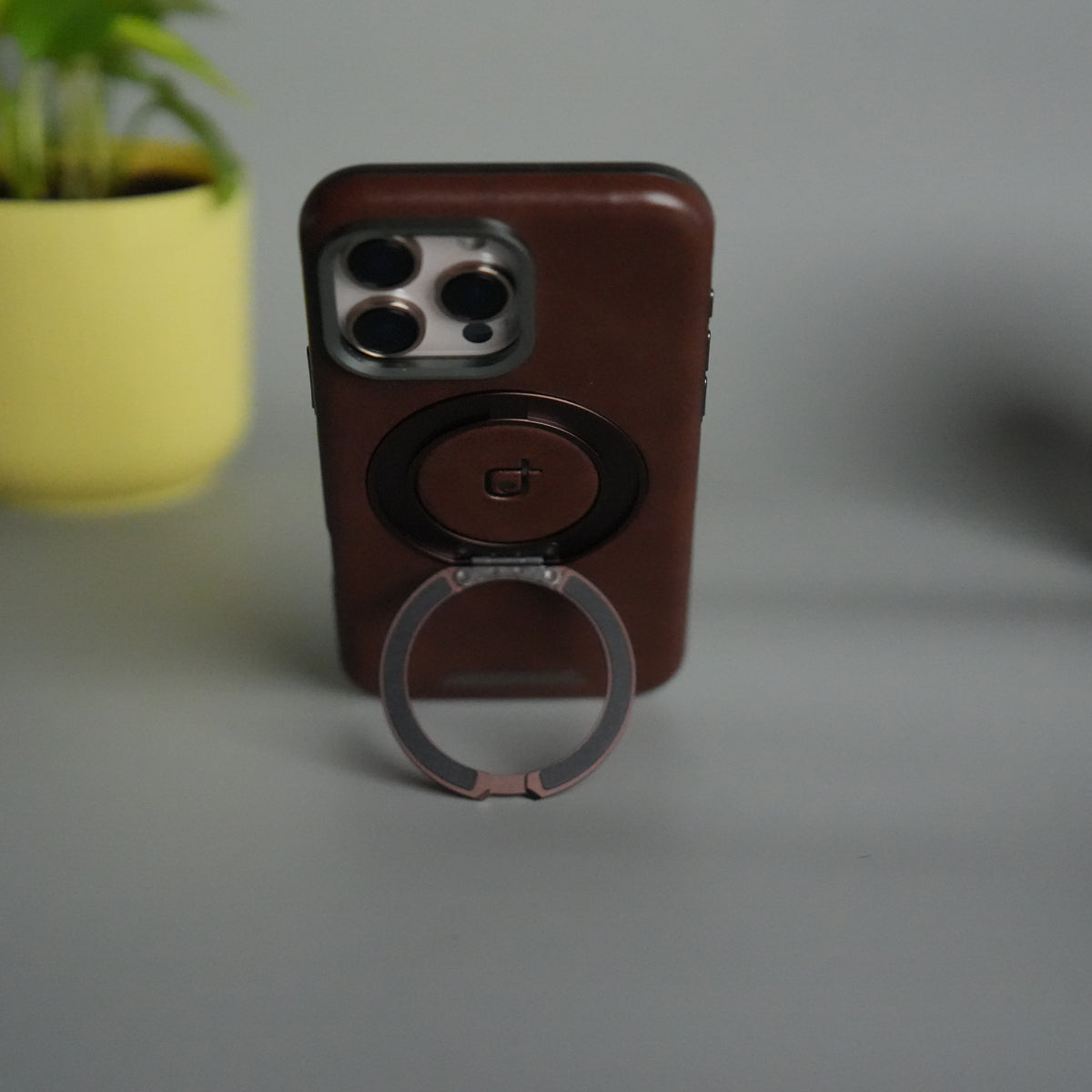iPhone 15 Series Luxury Leather Magnetic Ring Case | Metal Camera Frame and Kickstand Cover