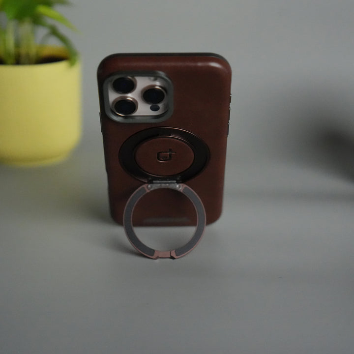 iPhone 16 Series Luxury Leather Magnetic Ring Case | Metal Camera Frame and Kickstand Cover