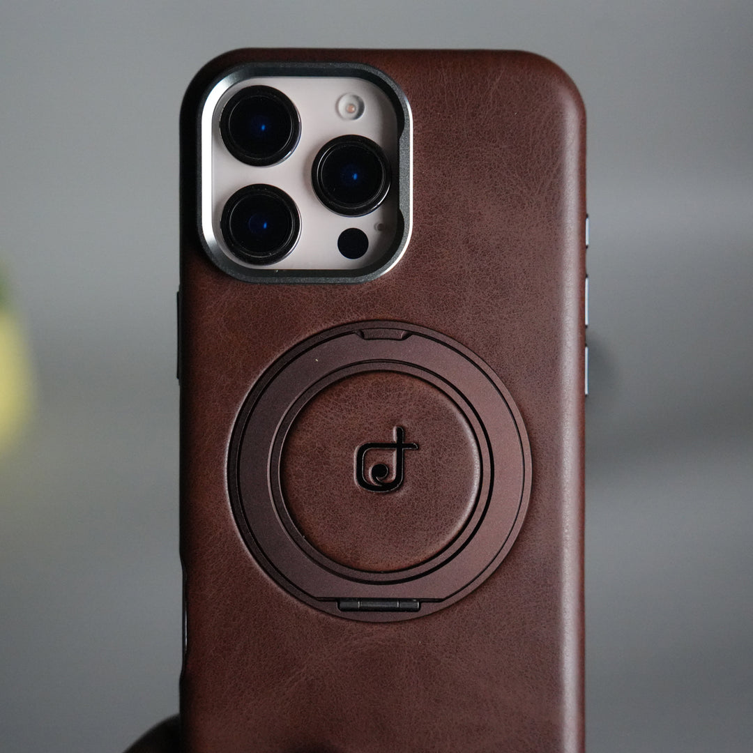 iPhone 16 Series Luxury Leather Magnetic Ring Case | Metal Camera Frame and Kickstand Cover