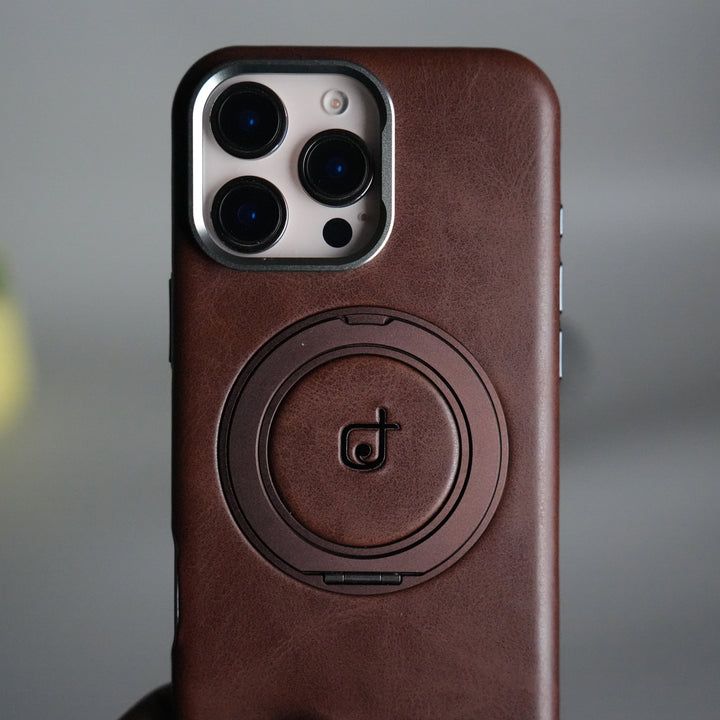 iPhone 16 Series Luxury Leather Magnetic Ring Case | Metal Camera Frame and Kickstand Cover