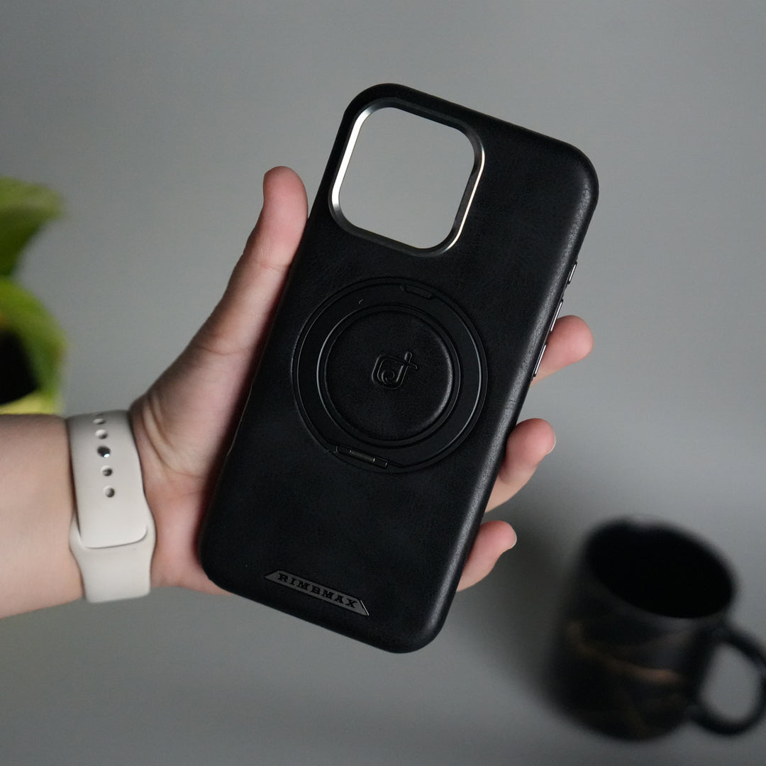 iPhone 16 Series Luxury Leather Magnetic Ring Case | Metal Camera Frame and Kickstand Cover