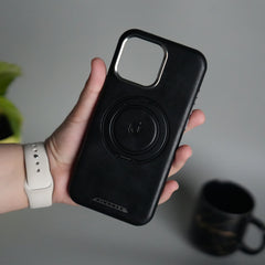 iPhone 15 Series Luxury Leather Magnetic Ring Case | Metal Camera Frame and Kickstand Cover