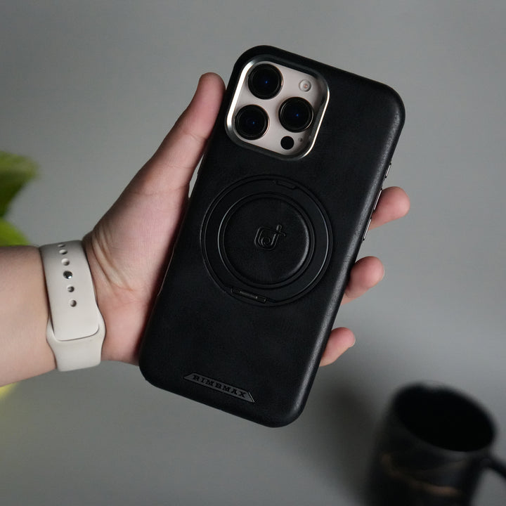 iPhone 16 Series Luxury Leather Magnetic Ring Case | Metal Camera Frame and Kickstand Cover