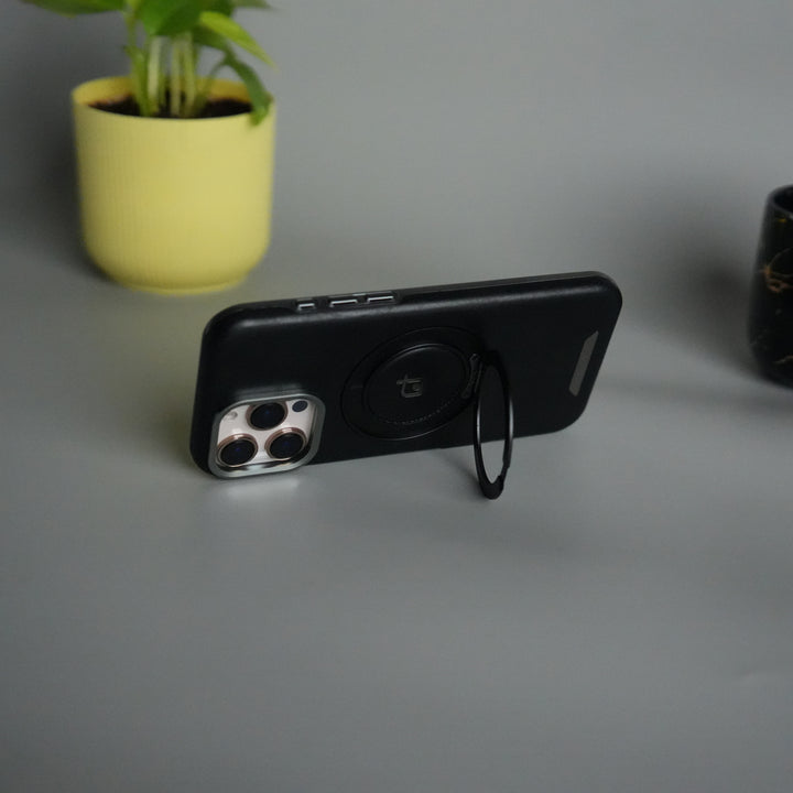 iPhone 16 Series Luxury Leather Magnetic Ring Case | Metal Camera Frame and Kickstand Cover