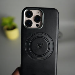 iPhone 15 Series Luxury Leather Magnetic Ring Case | Metal Camera Frame and Kickstand Cover