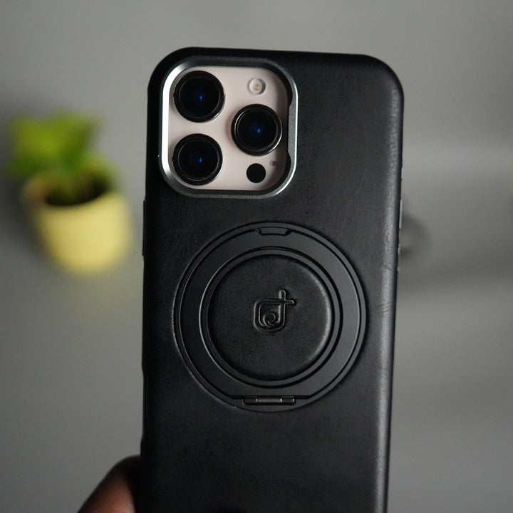 iPhone 16 Series Luxury Leather Magnetic Ring Case | Metal Camera Frame and Kickstand Cover