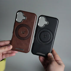 iPhone 15 Series Luxury Leather Magnetic Ring Case | Metal Camera Frame and Kickstand Cover