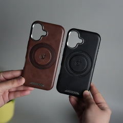 iPhone 15 Series Luxury Leather Magnetic Ring Case | Metal Camera Frame and Kickstand Cover