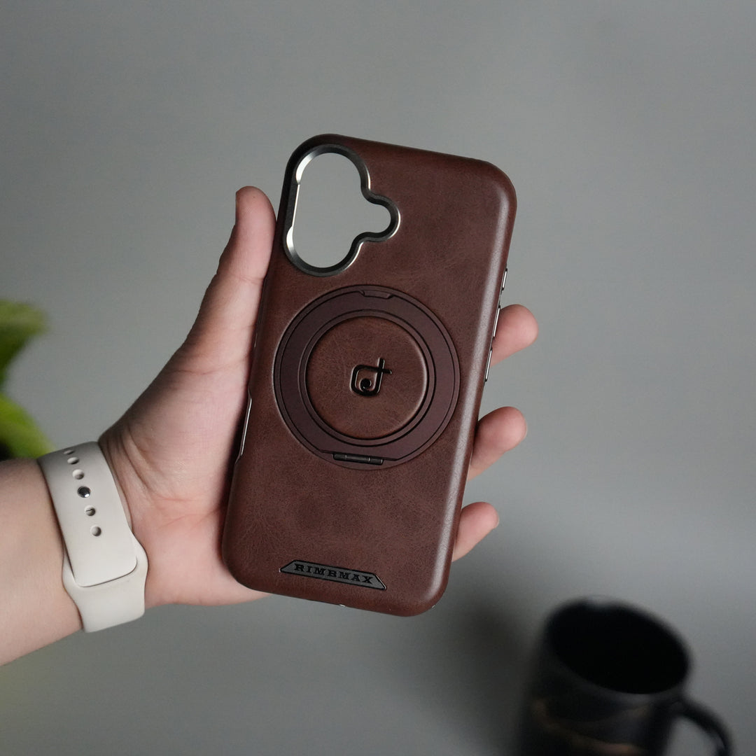 iPhone 16 Series Luxury Leather Magnetic Ring Case | Metal Camera Frame and Kickstand Cover