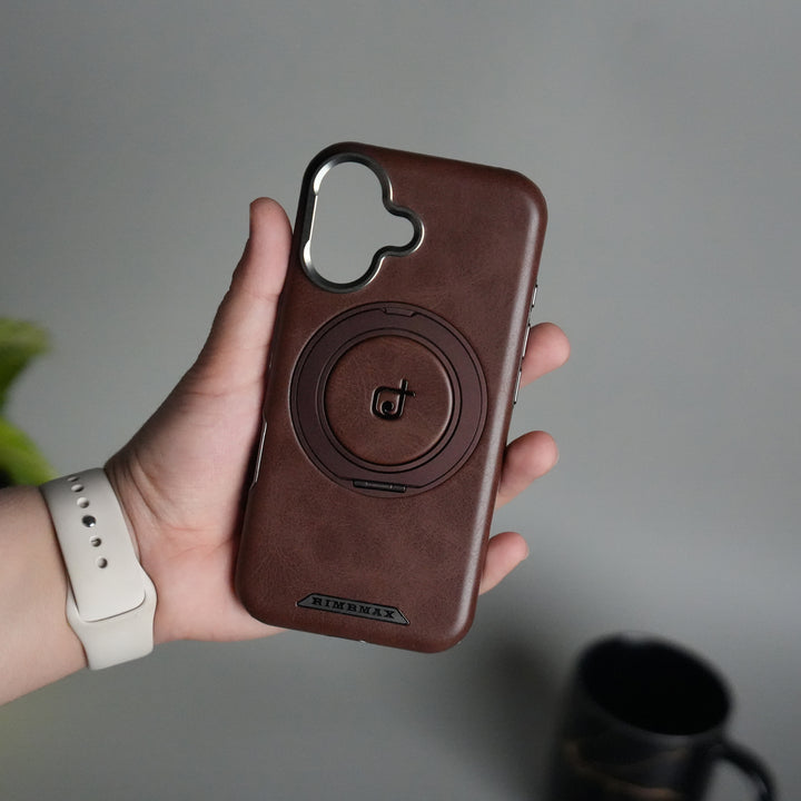 iPhone 16 Series Luxury Leather Magnetic Ring Case | Metal Camera Frame and Kickstand Cover