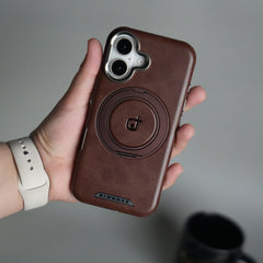 iPhone 15 Series Luxury Leather Magnetic Ring Case | Metal Camera Frame and Kickstand Cover