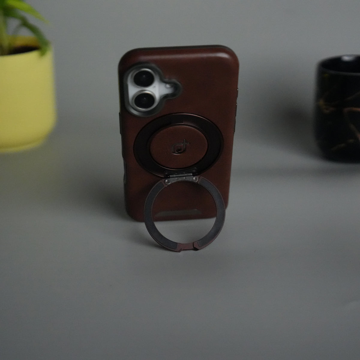 iPhone 15 Series Luxury Leather Magnetic Ring Case | Metal Camera Frame and Kickstand Cover