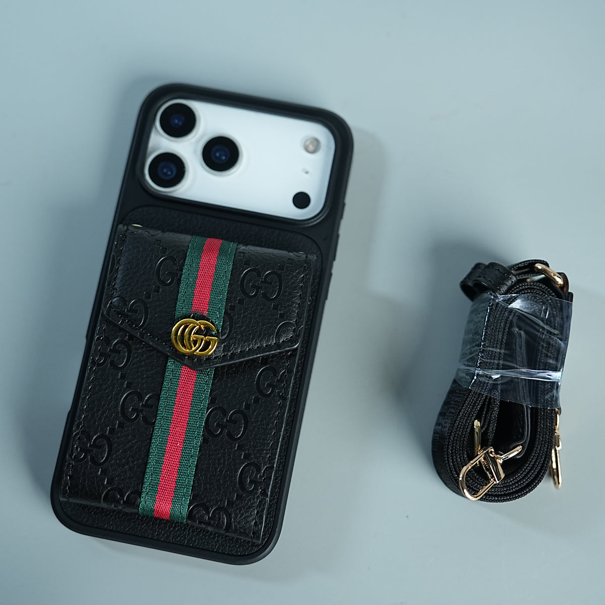 iPhone 17 Series Luxury Monogram Expandable Card Wallet Case with Detachable Strap