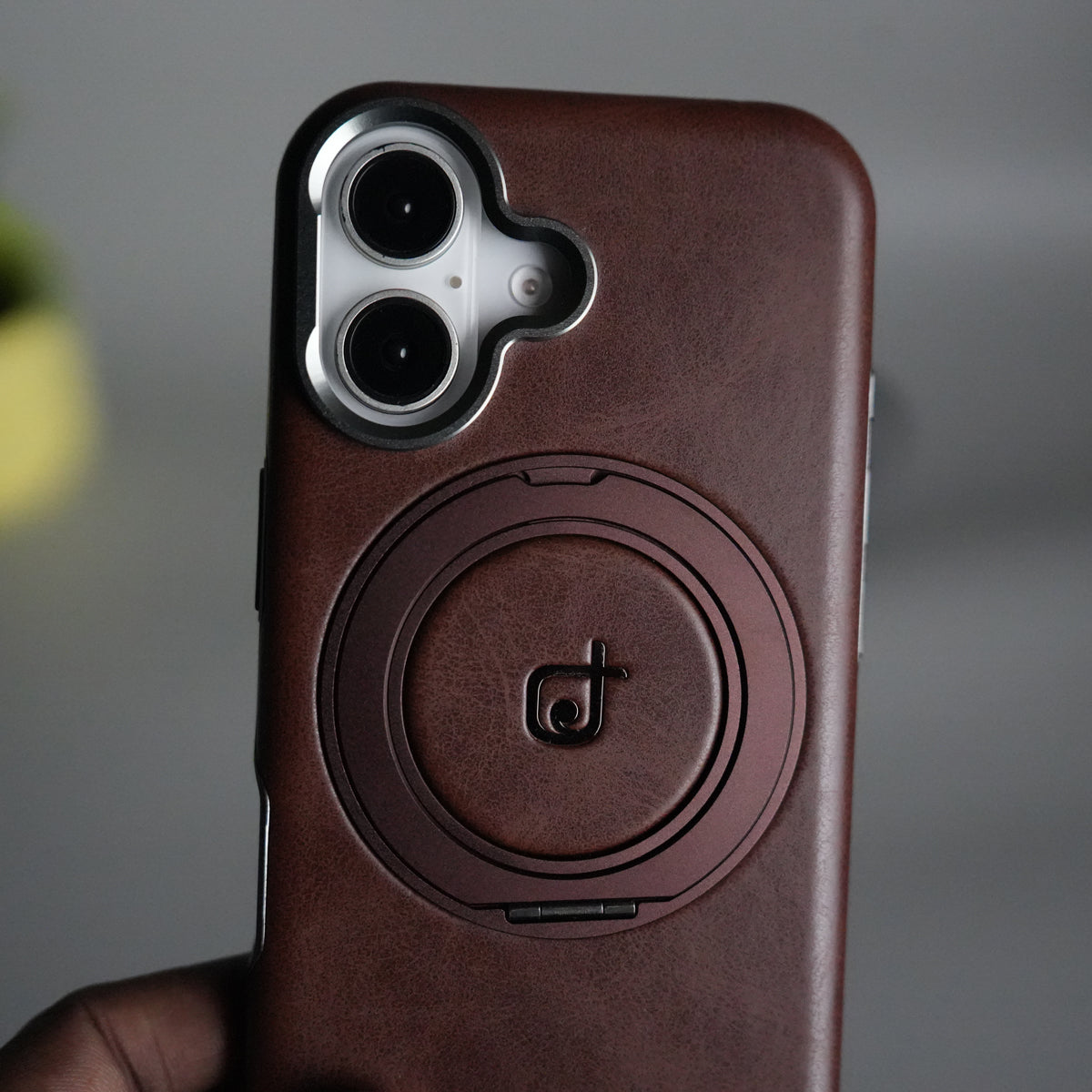 iPhone 15 Series Luxury Leather Magnetic Ring Case | Metal Camera Frame and Kickstand Cover