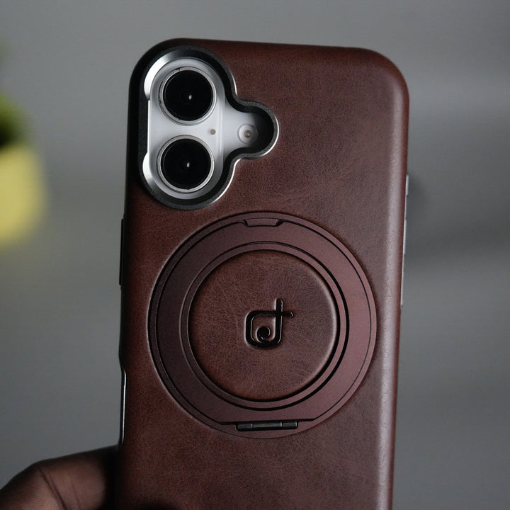iPhone 16 Series Luxury Leather Magnetic Ring Case | Metal Camera Frame and Kickstand Cover