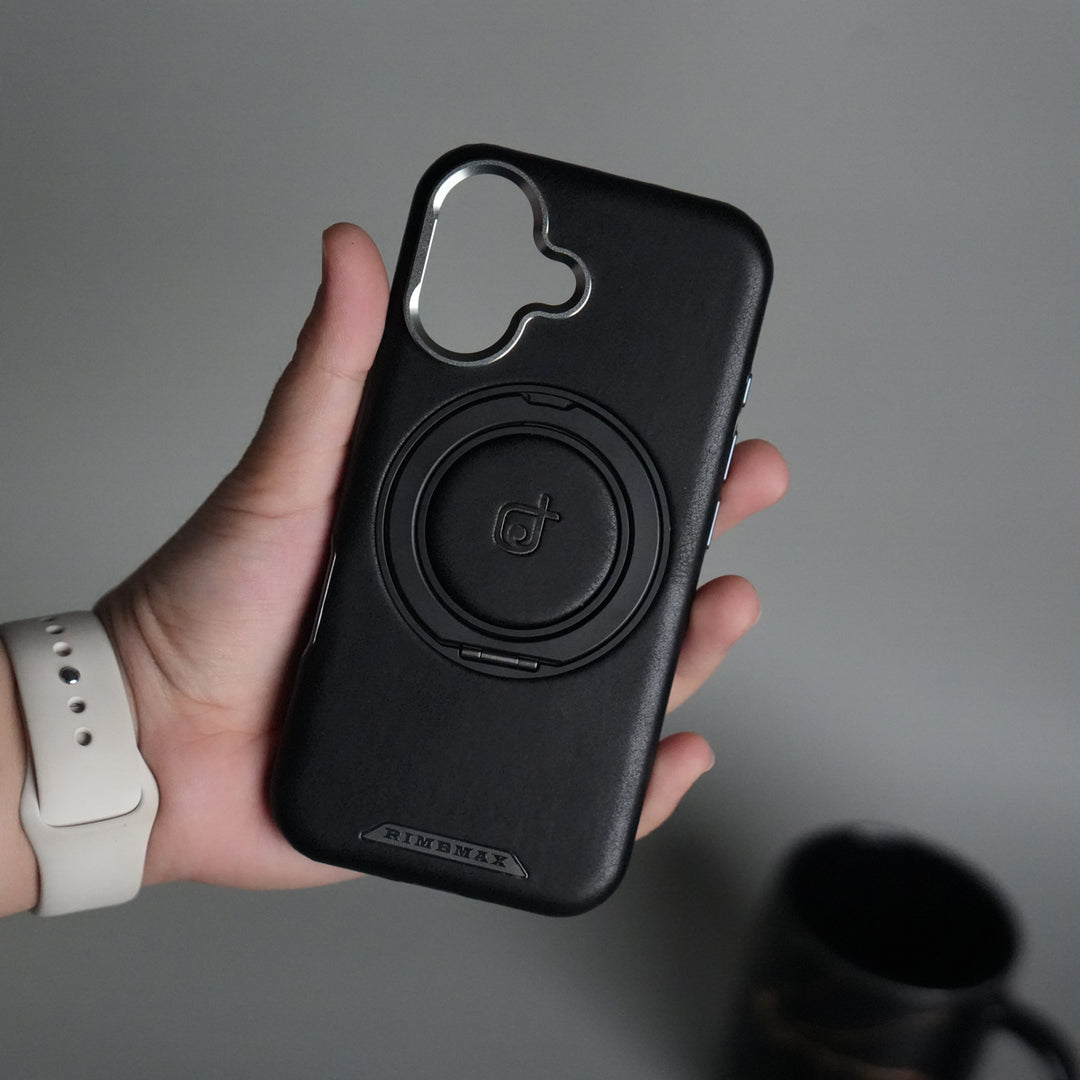 iPhone 16 Series Luxury Leather Magnetic Ring Case | Metal Camera Frame and Kickstand Cover