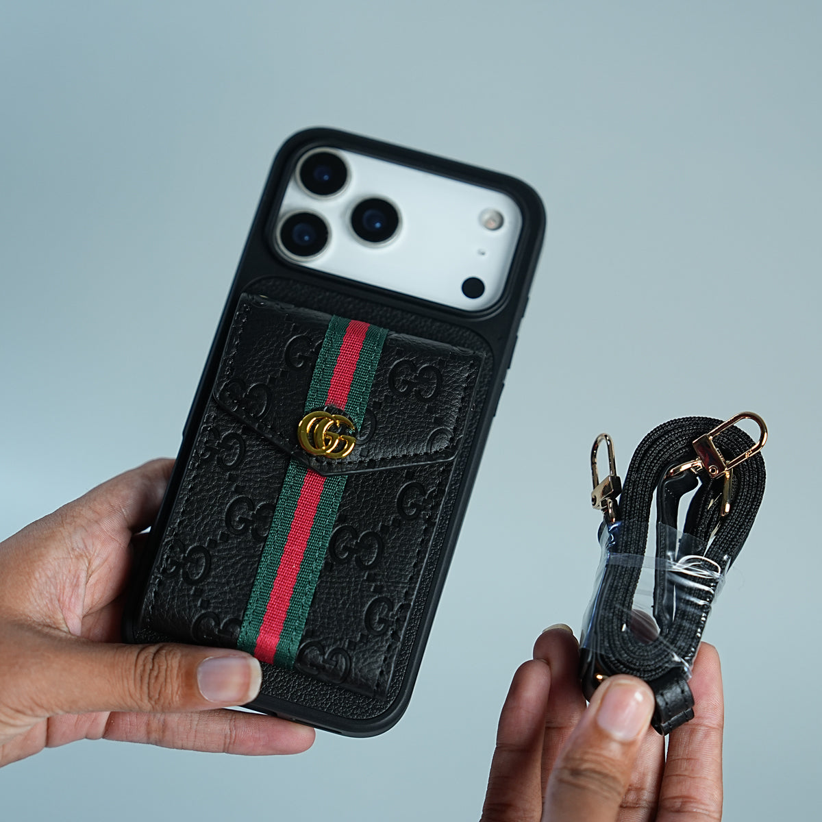 iPhone 17 Series Luxury Monogram Expandable Card Wallet Case with Detachable Strap