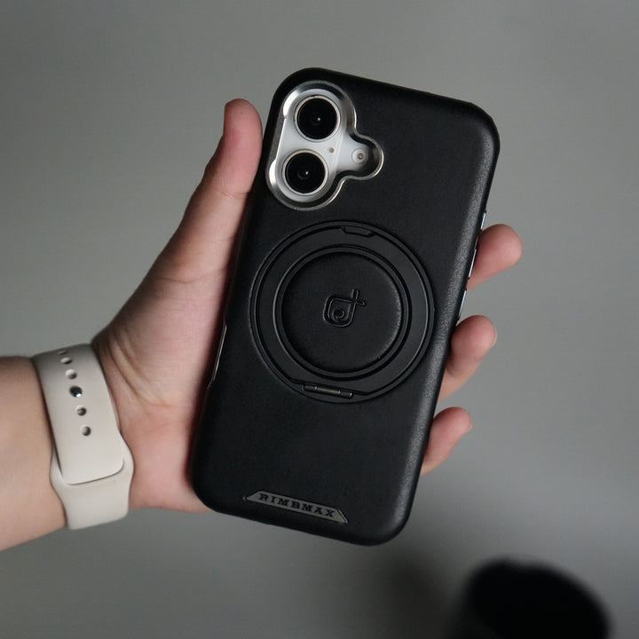 iPhone 16 Series Luxury Leather Magnetic Ring Case | Metal Camera Frame and Kickstand Cover