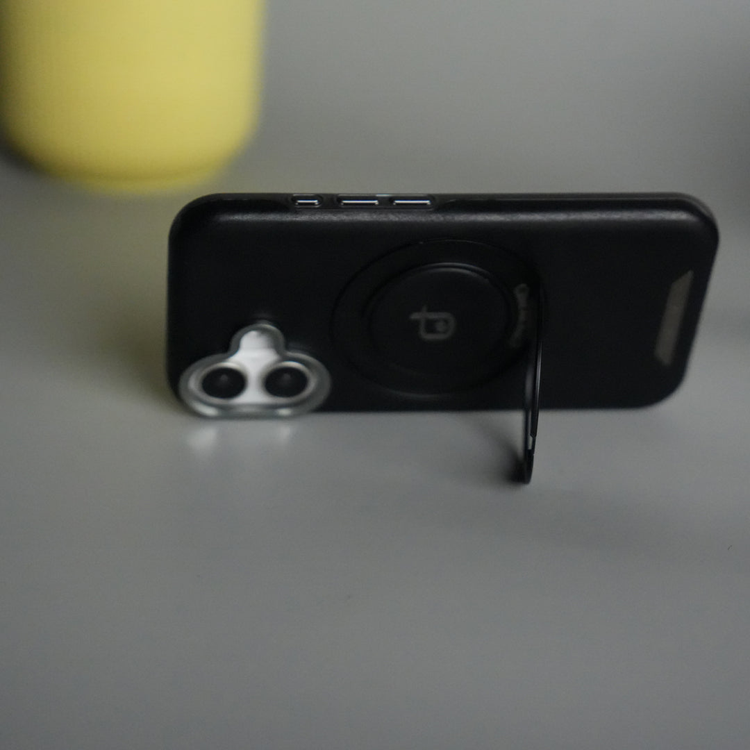 iPhone 16 Series Luxury Leather Magnetic Ring Case | Metal Camera Frame and Kickstand Cover