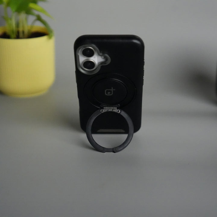 iPhone 16 Series Luxury Leather Magnetic Ring Case | Metal Camera Frame and Kickstand Cover