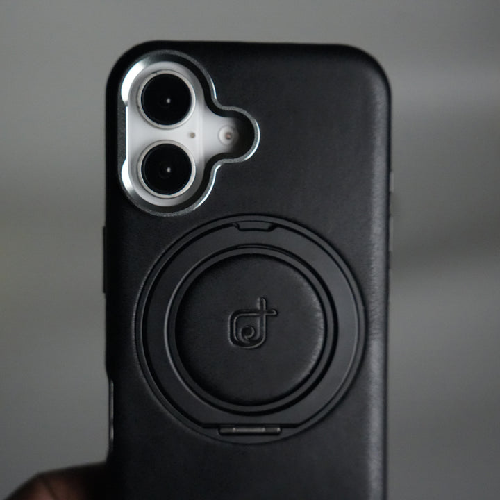 iPhone 16 Series Luxury Leather Magnetic Ring Case | Metal Camera Frame and Kickstand Cover