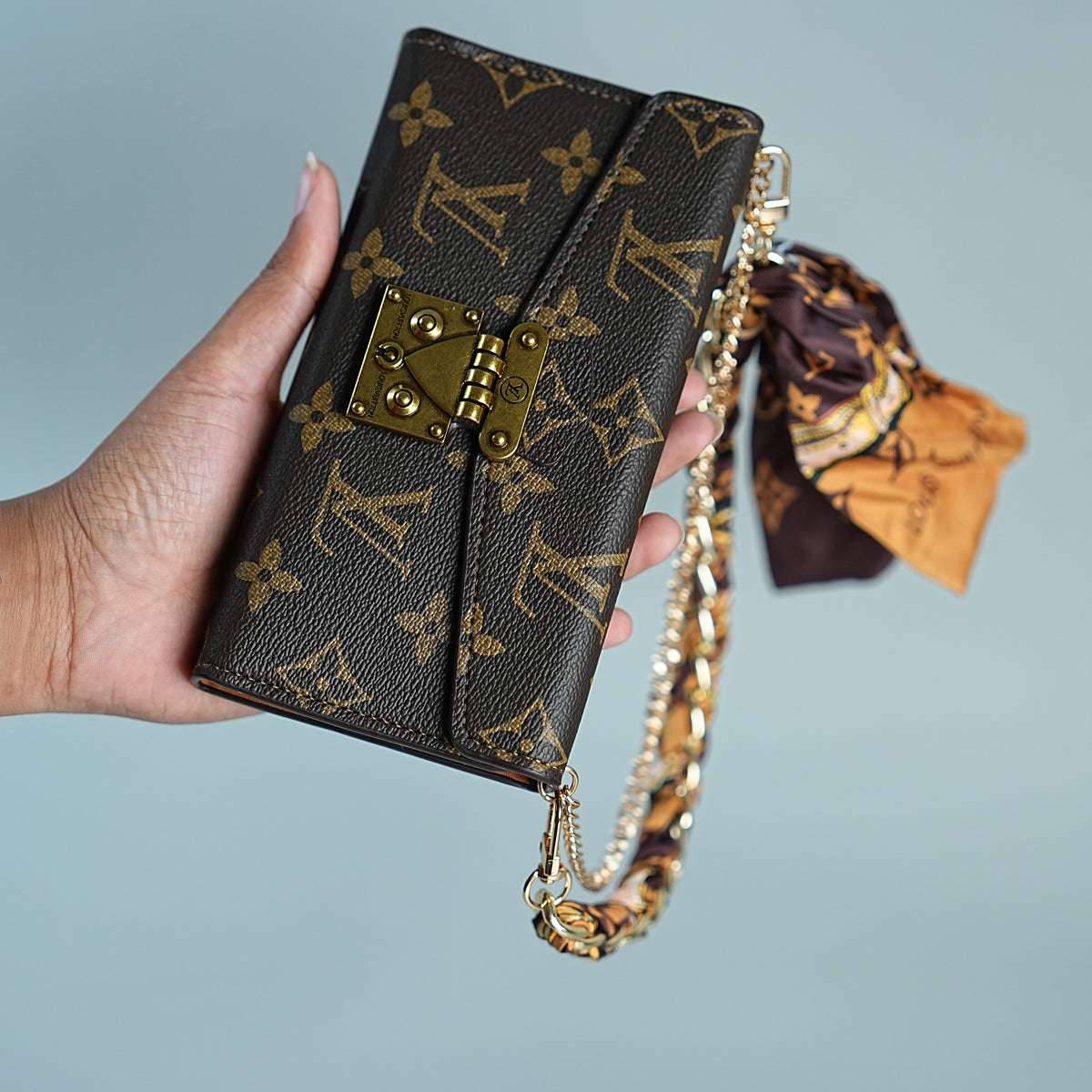 iPhone Series Luxury Monogram Lock Wallet Case with Scarf Chain Strap