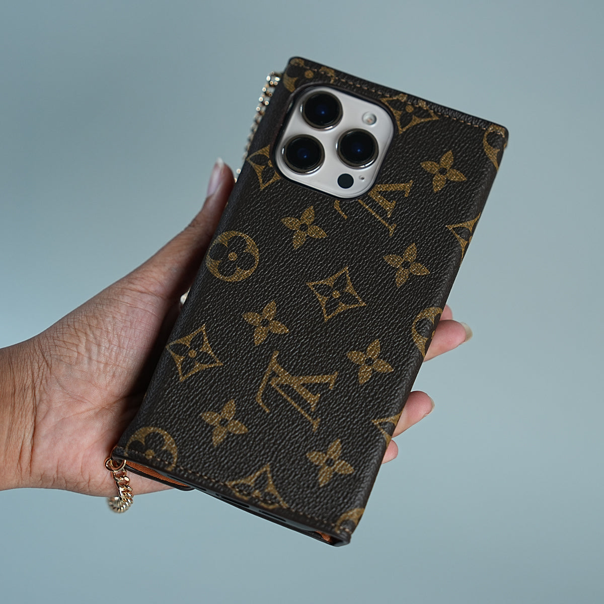 iPhone Series Luxury Monogram Lock Wallet Case with Scarf Chain Strap