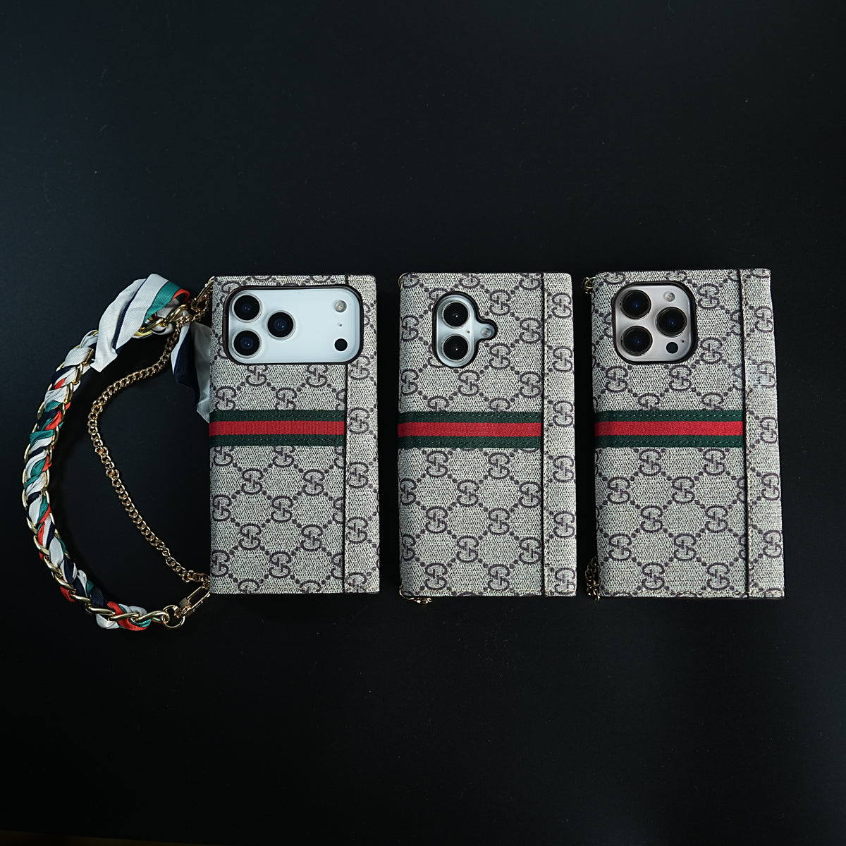 iPhone Series Luxury Monogram PU Leather Wallet Case with Braided Chain Strap