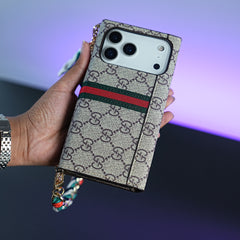 iPhone Series Luxury Monogram PU Leather Wallet Case with Braided Chain Strap