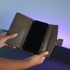 iPhone Series Luxury Monogram PU Leather Wallet Case with Braided Chain Strap