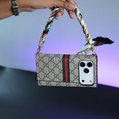 iPhone Series Luxury Monogram PU Leather Wallet Case with Braided Chain Strap