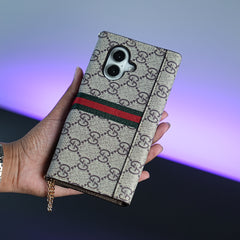 iPhone Series Luxury Monogram PU Leather Wallet Case with Braided Chain Strap